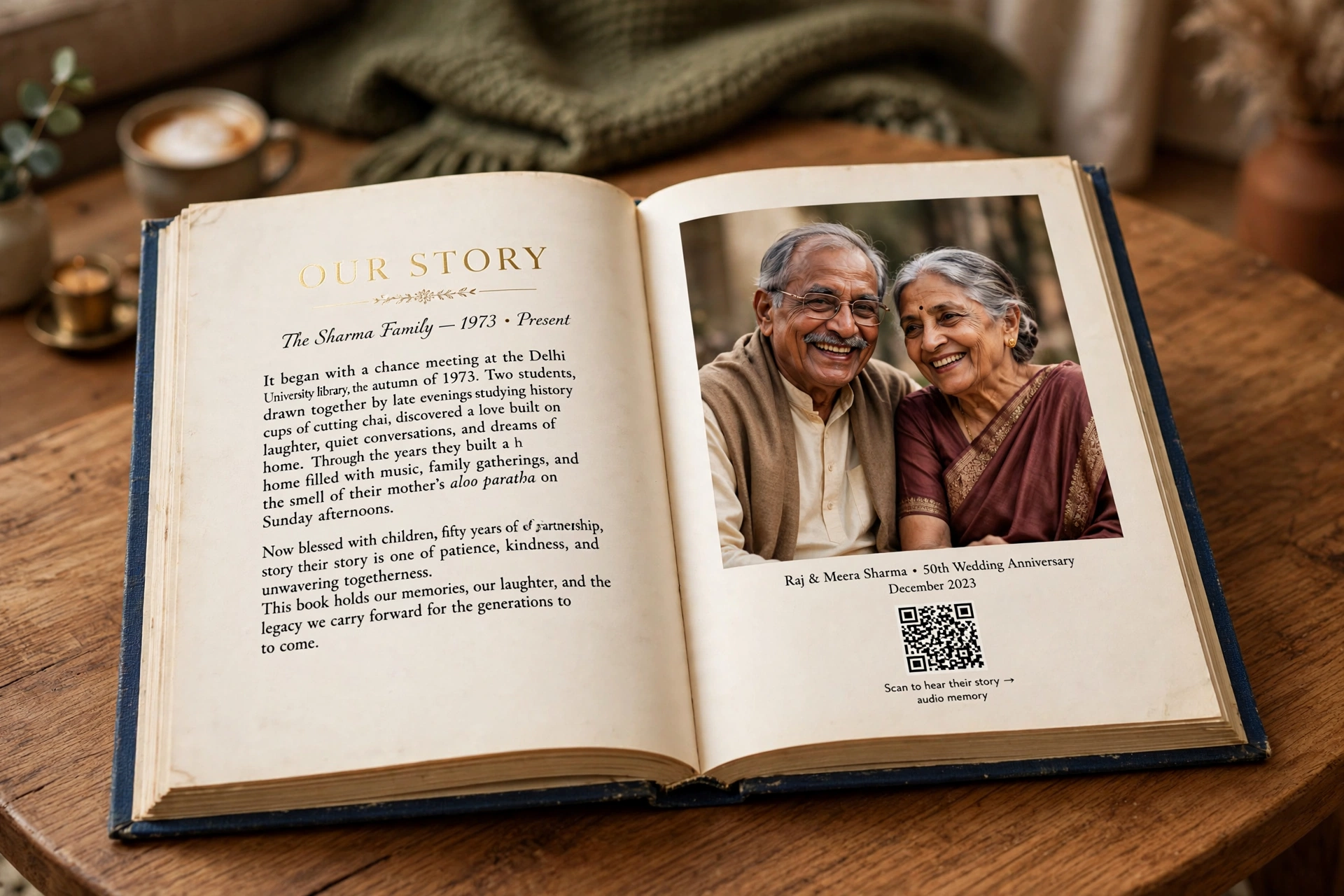 The open book: a family photo on one page, a printed story with its code on the facing page
