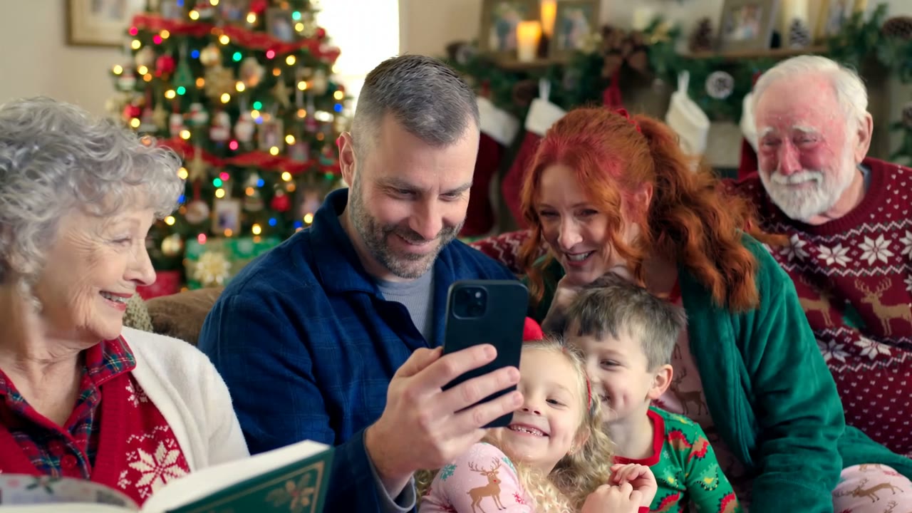A family gathered by the Christmas tree, watching a video message from the book together
